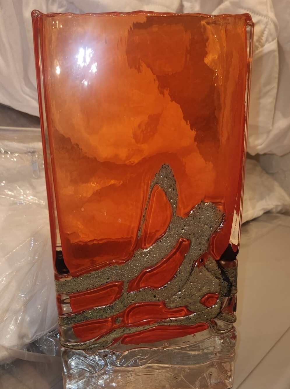Jan Beranek 1977 Signed Prague Hand-Blown Orange Glass Art Vase Textured Silver